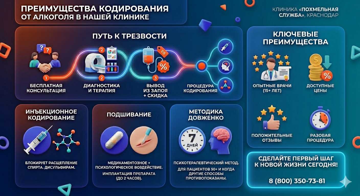 Инфографика о методах кодирования от алкоголя в Невеле: инъекции, подшивание, метод Довженко. Преимущества клиники и этапы лечения.